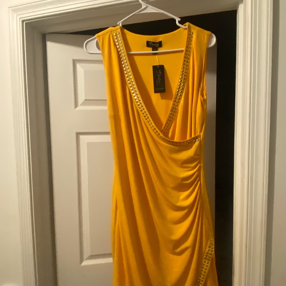 Brand new dress with gold beading. Dress also has ruching for a more fit it look